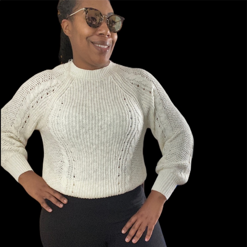 Francesca’s Harper Heritage Sweater Balloon Sleeve Oversized Crop Knit NEW